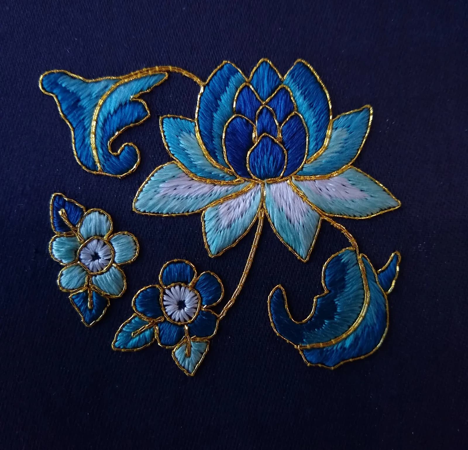 Chinese Silk and Gold Lotus and Cherry Blossom