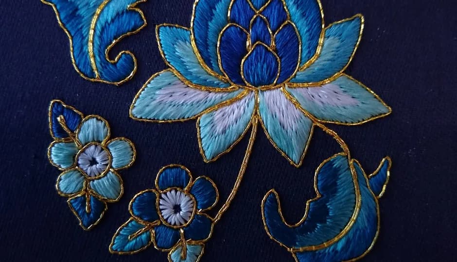 Embroidery - Chinese Silk and Gold Lotus and Cherry Blossom