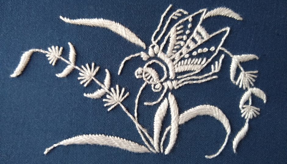 Beginning Embroidery: White Work on Blue Ground